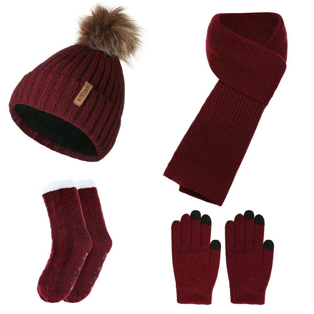 Warm Beanie Stylish Winter Accessories Four-Piece Set Knitted Hat For Daily Wear Gift Option Winter Fashion Statement
