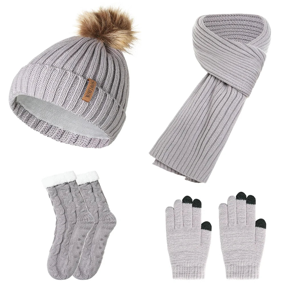 Warm Beanie Stylish Winter Accessories Four-Piece Set Knitted Hat For Daily Wear Gift Option Winter Fashion Statement