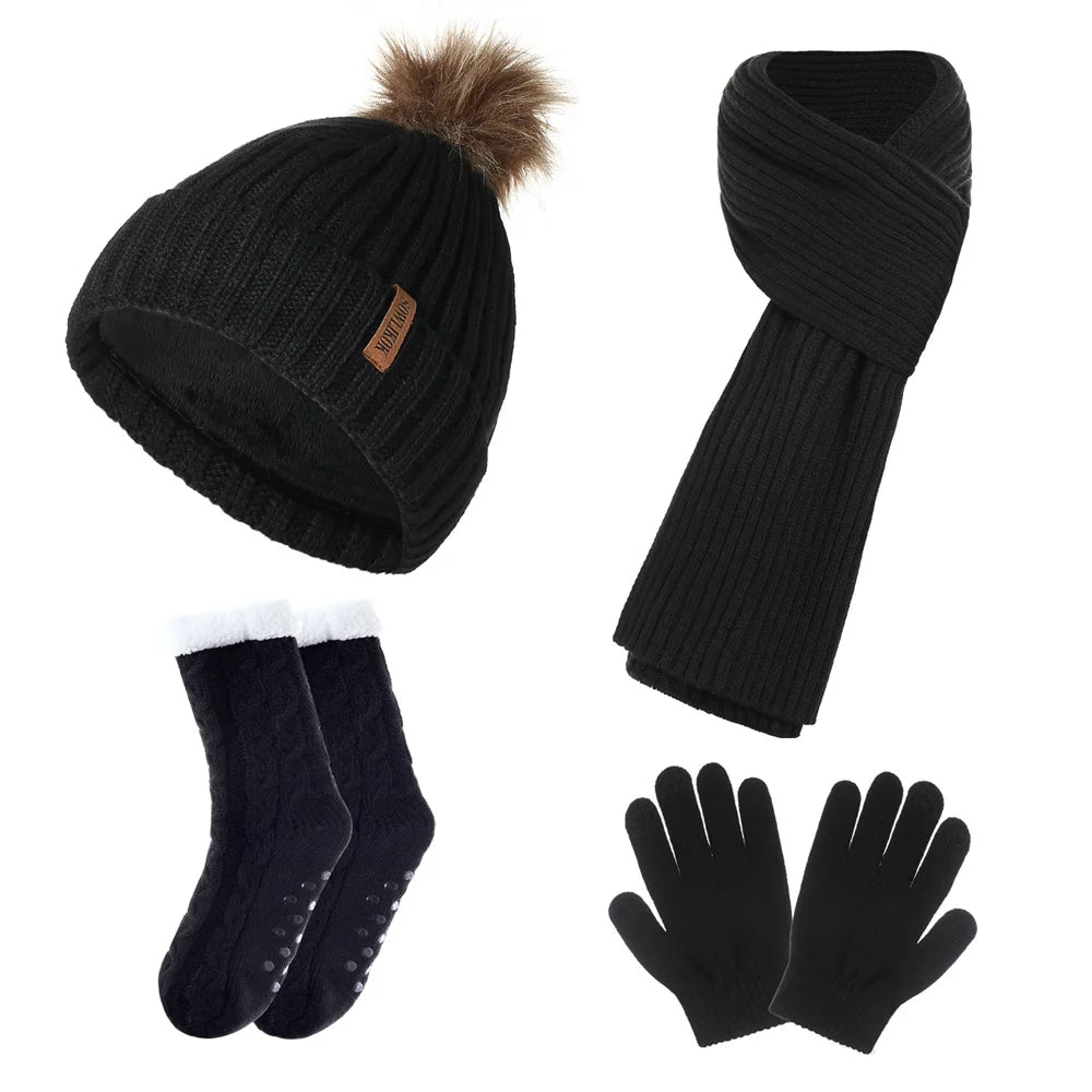 Warm Beanie Stylish Winter Accessories Four-Piece Set Knitted Hat For Daily Wear Gift Option Winter Fashion Statement