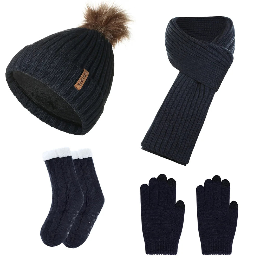 Warm Beanie Stylish Winter Accessories Four-Piece Set Knitted Hat For Daily Wear Gift Option Winter Fashion Statement