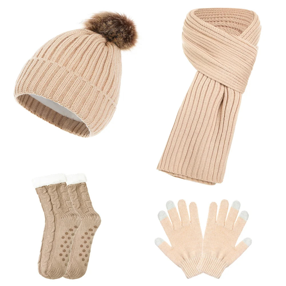 Warm Beanie Stylish Winter Accessories Four-Piece Set Knitted Hat For Daily Wear Gift Option Winter Fashion Statement