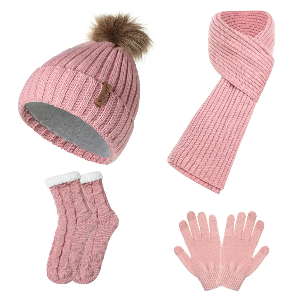 Warm Beanie Stylish Winter Accessories Four-Piece Set Knitted Hat For Daily Wear Gift Option Winter Fashion Statement