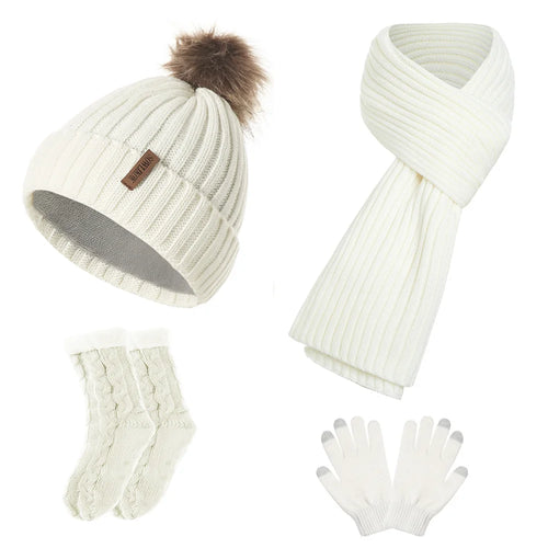 Warm Beanie Stylish Winter Accessories Four-Piece Set Knitted Hat For Daily Wear Gift Option Winter Fashion Statement